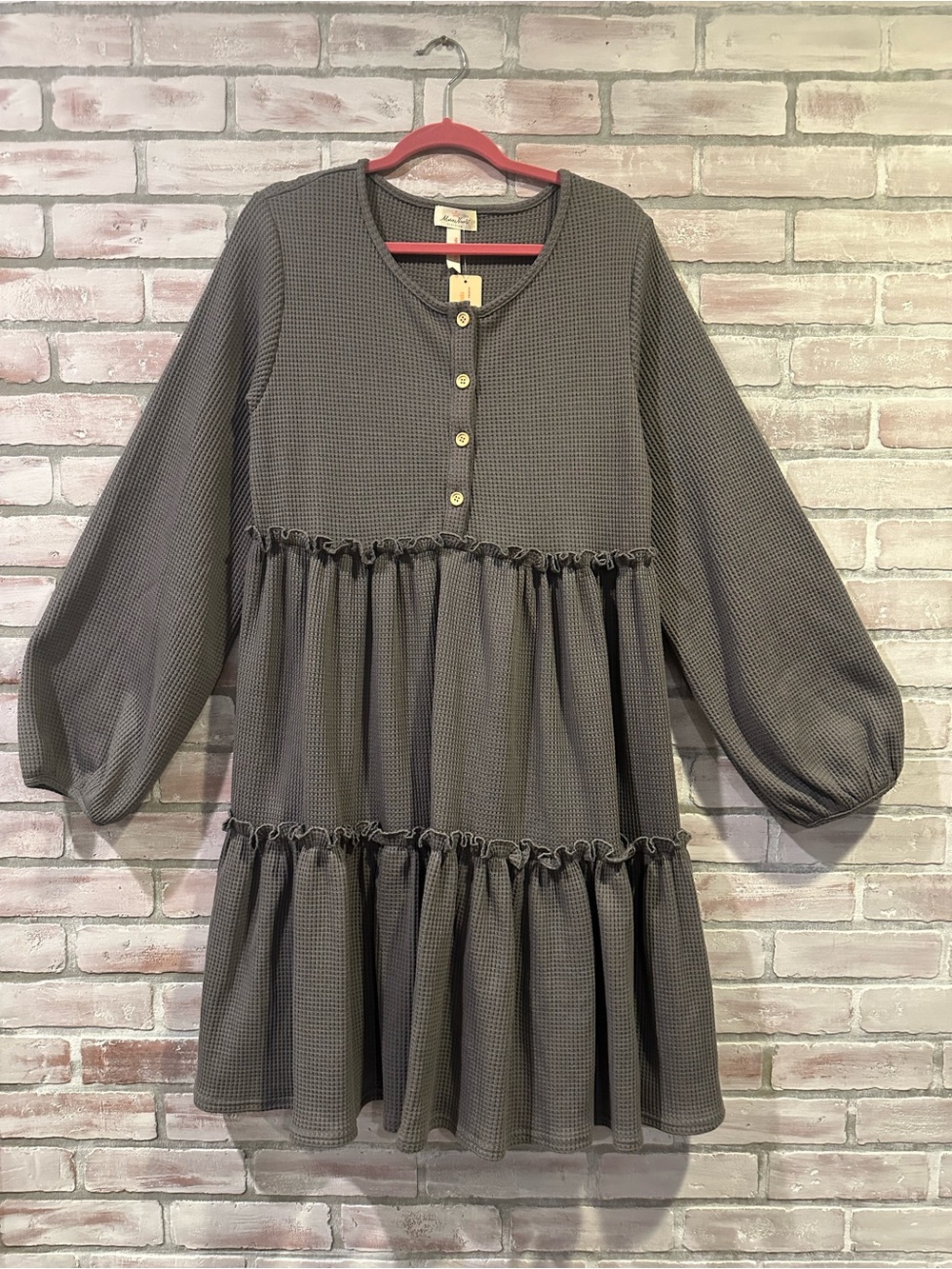 Marie Nicole Clothing Tiered Waffle-Knit Long Sleeve Dress in Charcoal XL